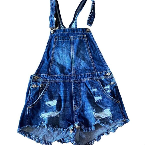 KanCan Sz Sm Estilo Dark Distressed Frayed Hem Denim Adjustable Overall Shorts - Picture 1 of 6